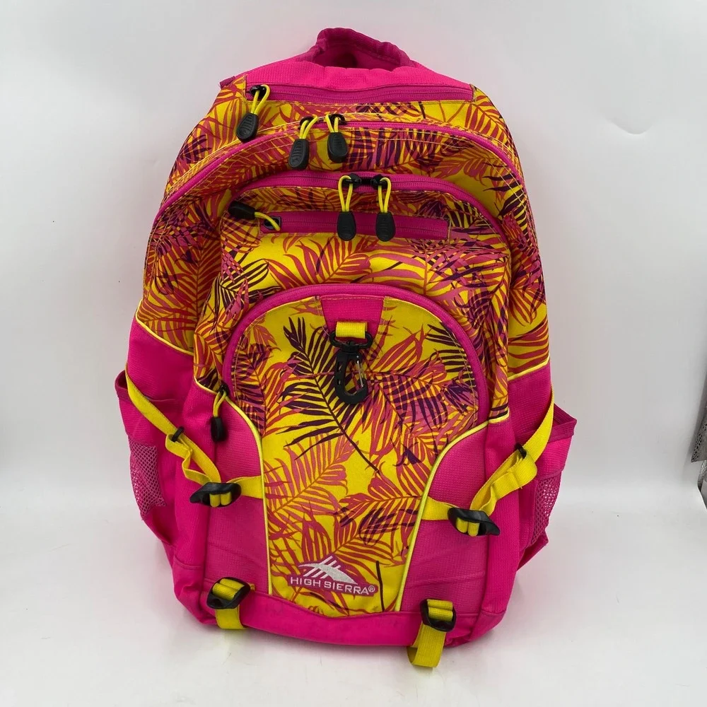 High Sierra Backpack Pink Yellow Tropical Palm Leaf Print Multi-Pocket 18in